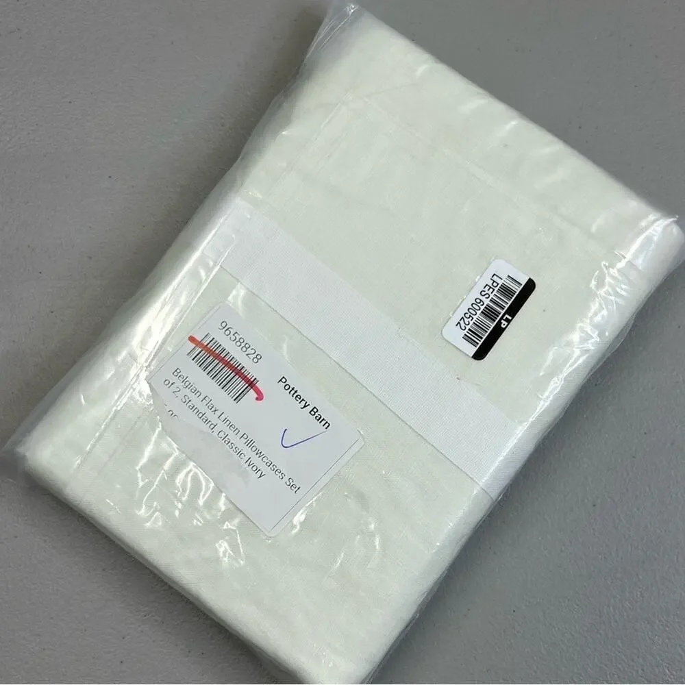 2 Pottery Barn Belgian Flax Linen Standard Pillowcases Covers Ivory NEW